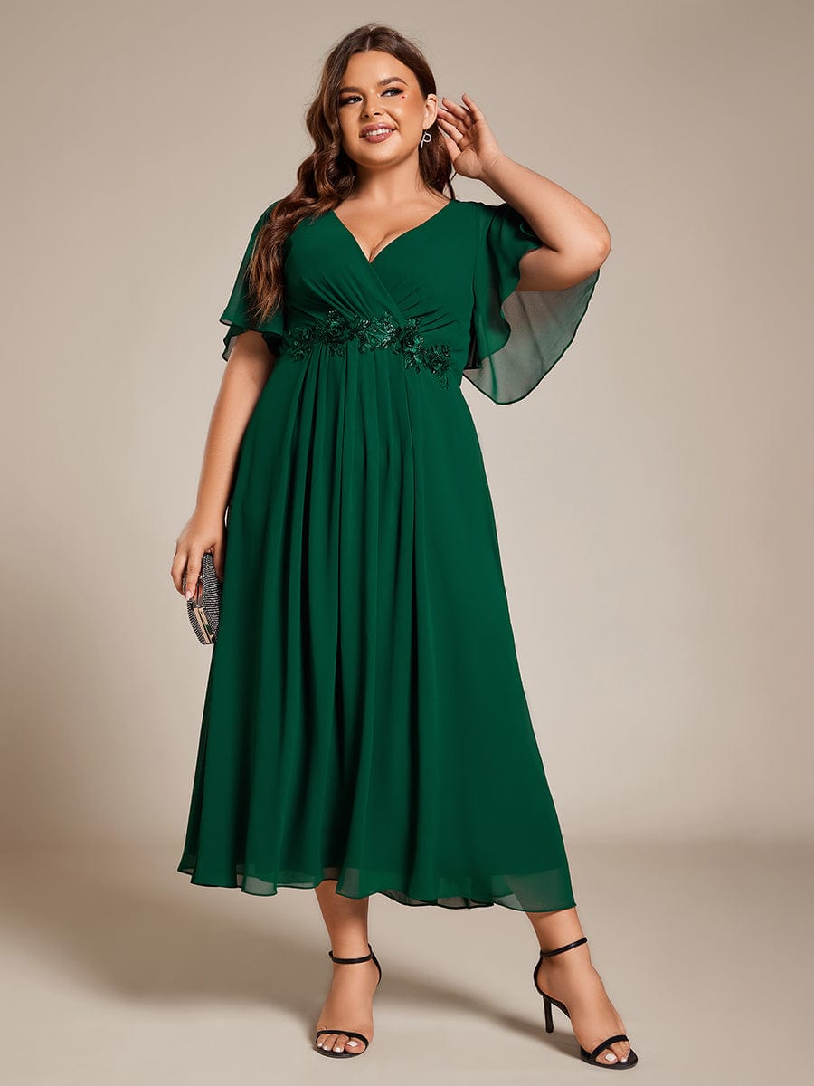 Plus Size V-Neck Waist Applique Midi Dress #color_Dark Green