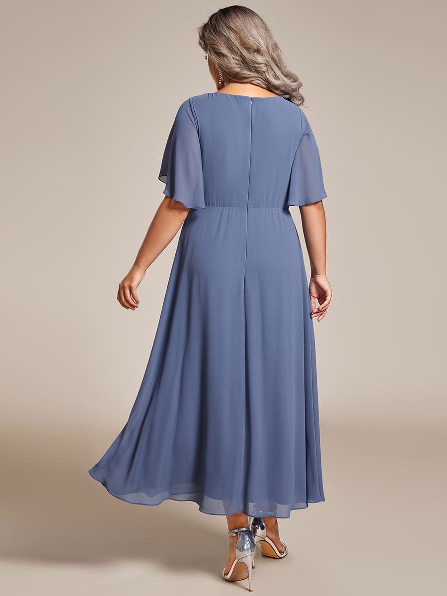 Plus Size V-Neck Waist Applique Midi Dress #color_Dusty Blue