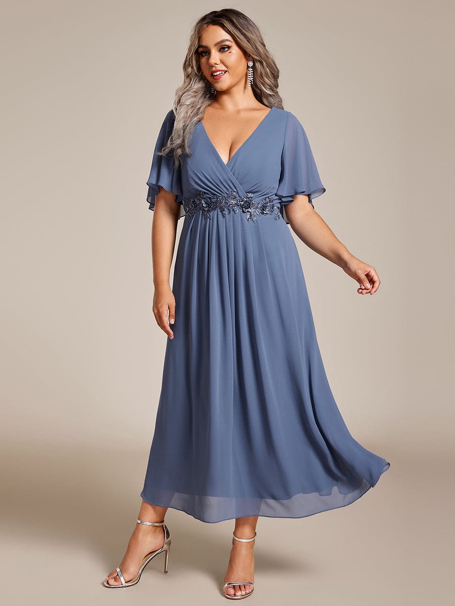 Plus Size V-Neck Waist Applique Midi Dress #color_Dusty Blue