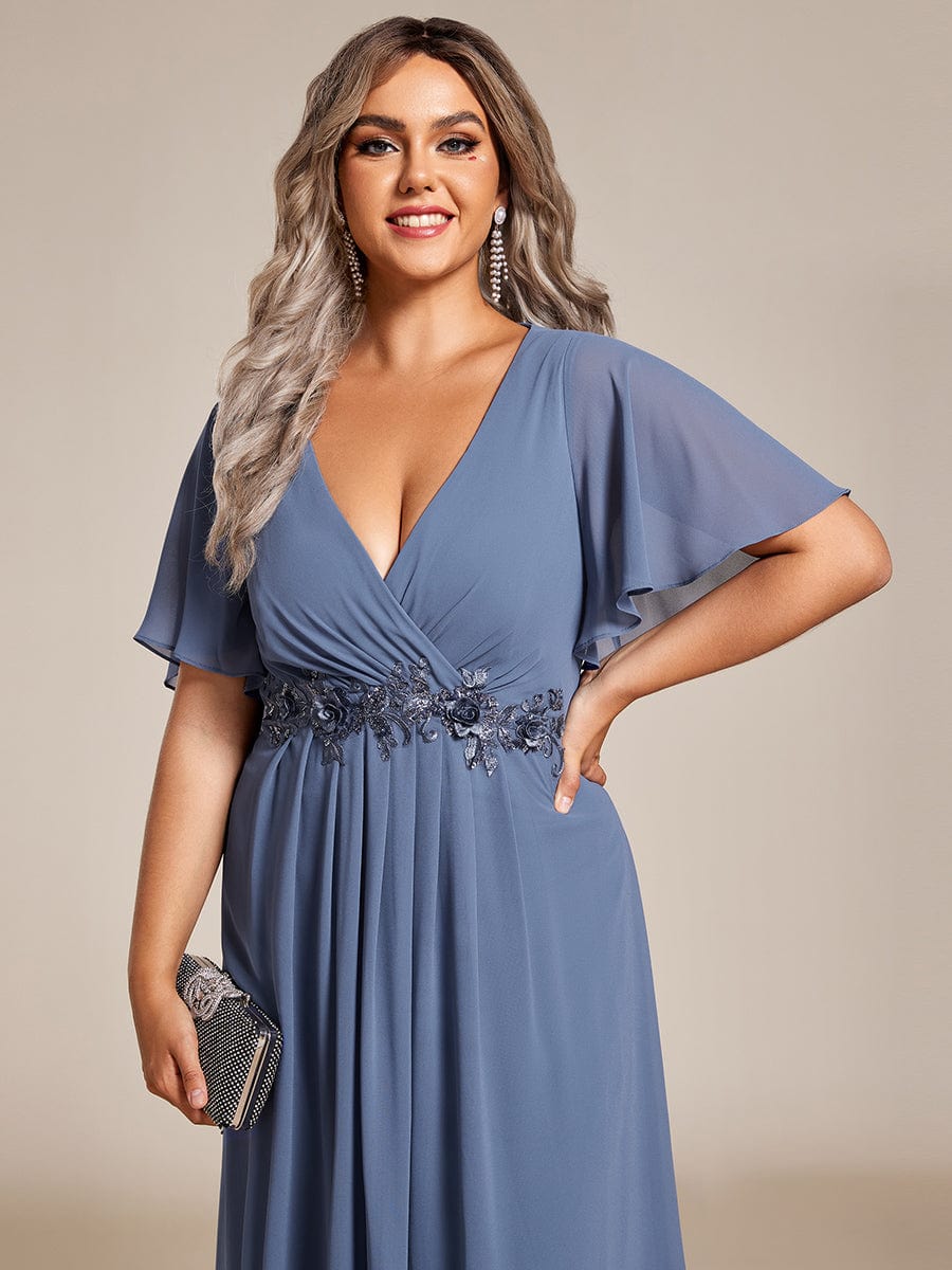 Plus Size V-Neck Waist Applique Midi Dress #color_Dusty Blue