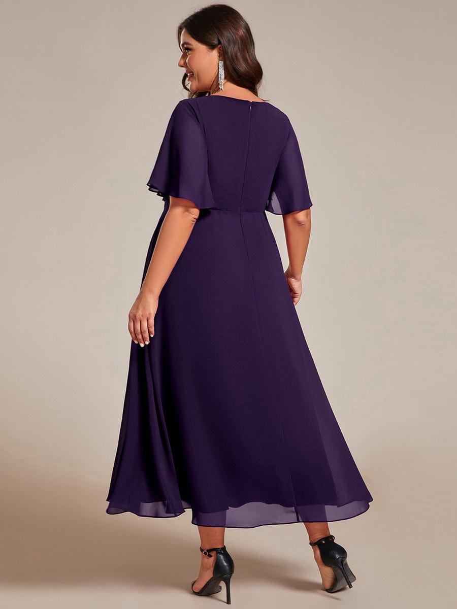 Plus Size V-Neck Waist Applique Midi Dress #color_Dark Purple