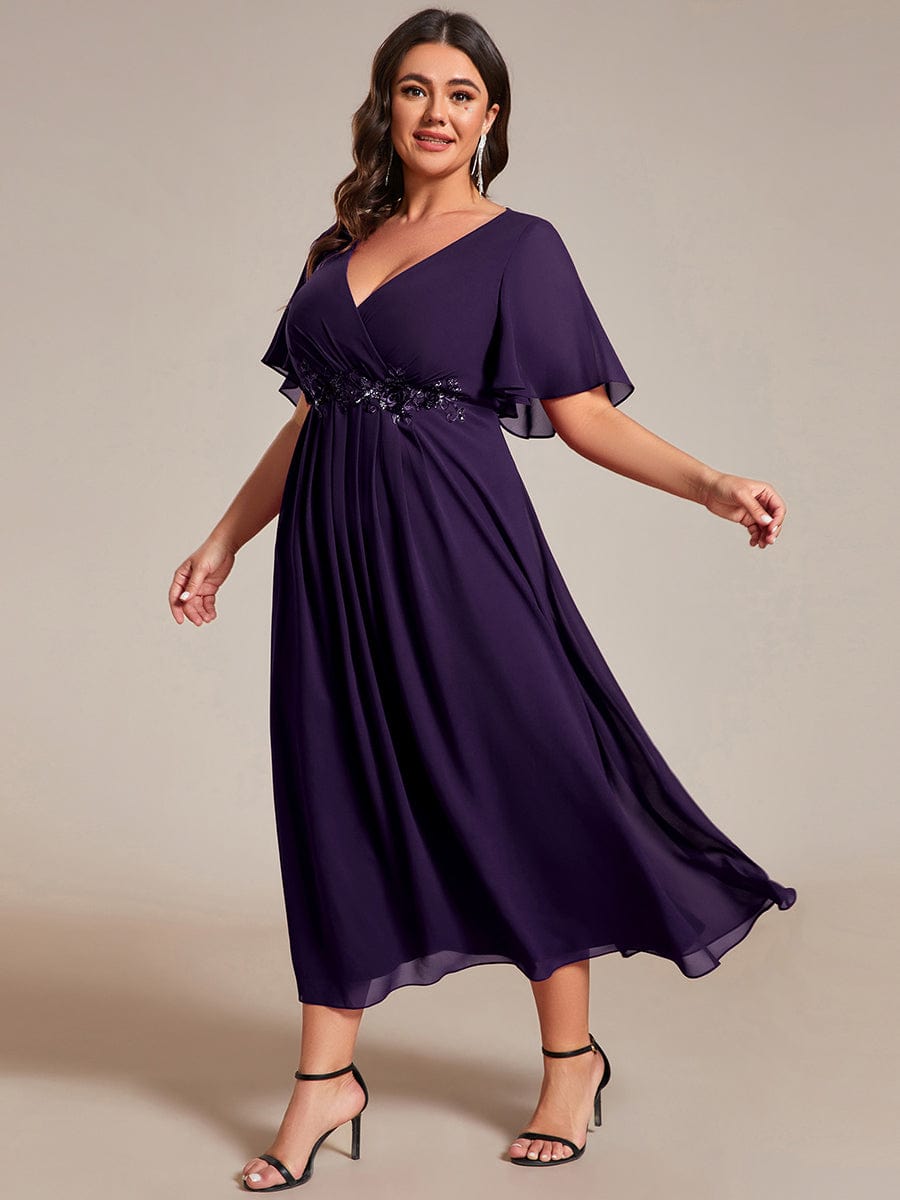 Plus Size V-Neck Waist Applique Midi Dress #color_Dark Purple