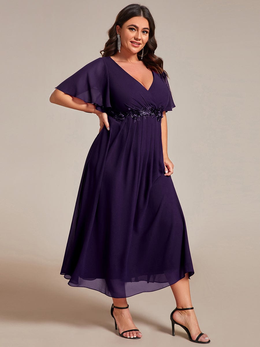 Plus Size V-Neck Waist Applique Midi Dress #color_Dark Purple