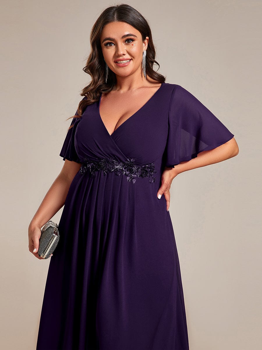 Plus Size V-Neck Waist Applique Midi Dress #color_Dark Purple