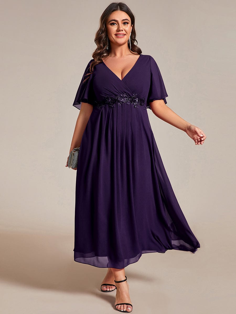 Plus Size V-Neck Waist Applique Midi Dress #color_Dark Purple