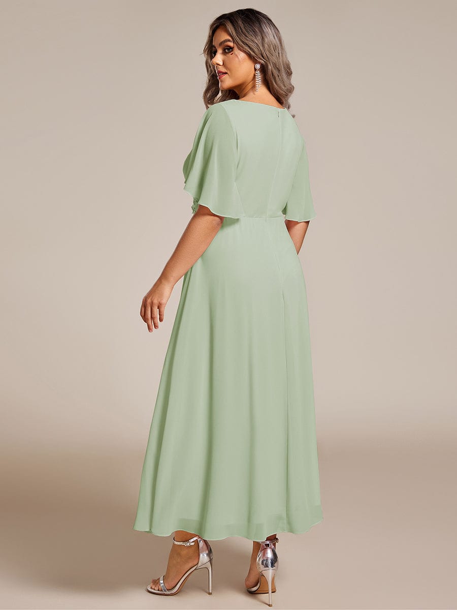 Plus Size V-Neck Waist Applique Midi Dress #color_Sage Green