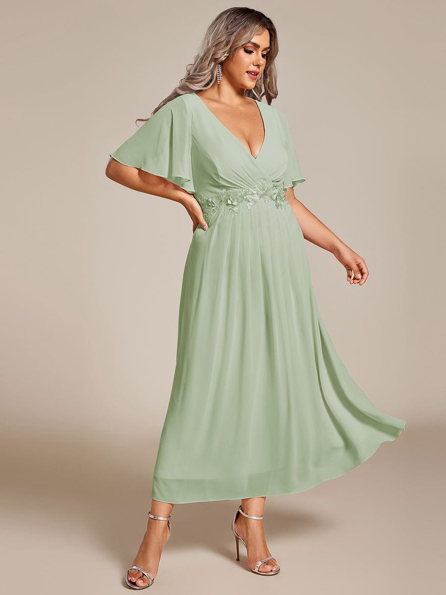 Plus Size V-Neck Waist Applique Midi Dress #color_Sage Green