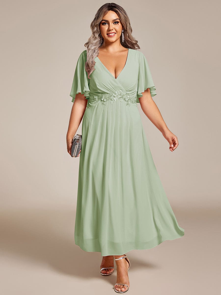 Plus Size V-Neck Waist Applique Midi Dress #color_Sage Green