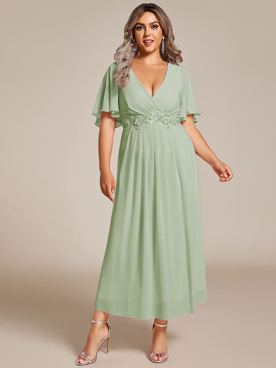 Plus Size V-Neck Waist Applique Midi Dress #color_Sage Green