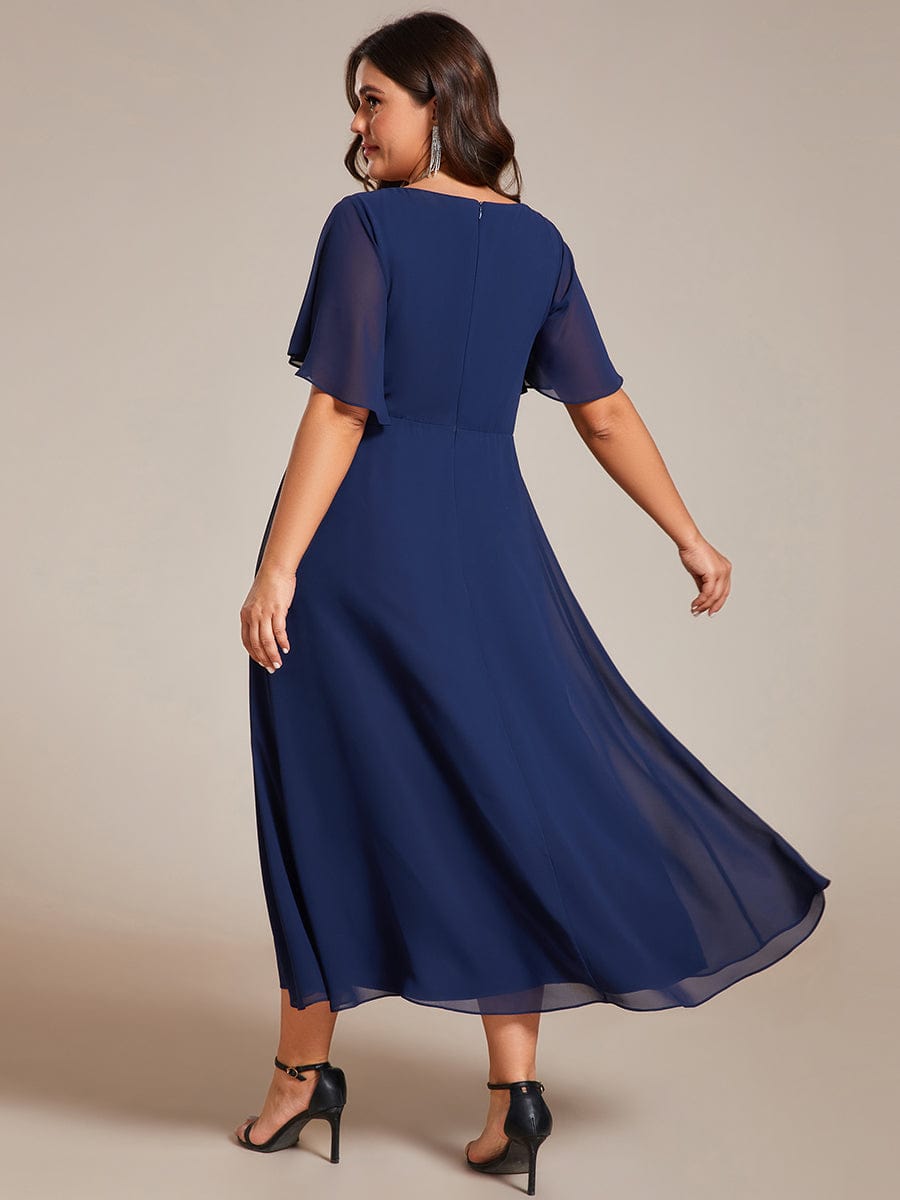 Plus Size V-Neck Waist Applique Midi Dress #color_Navy Blue