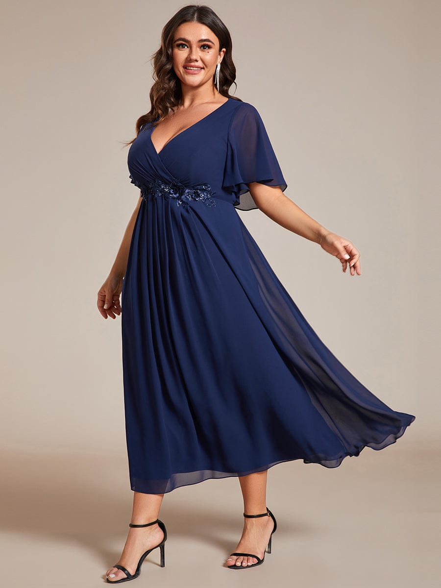 Plus Size V-Neck Waist Applique Midi Dress #color_Navy Blue