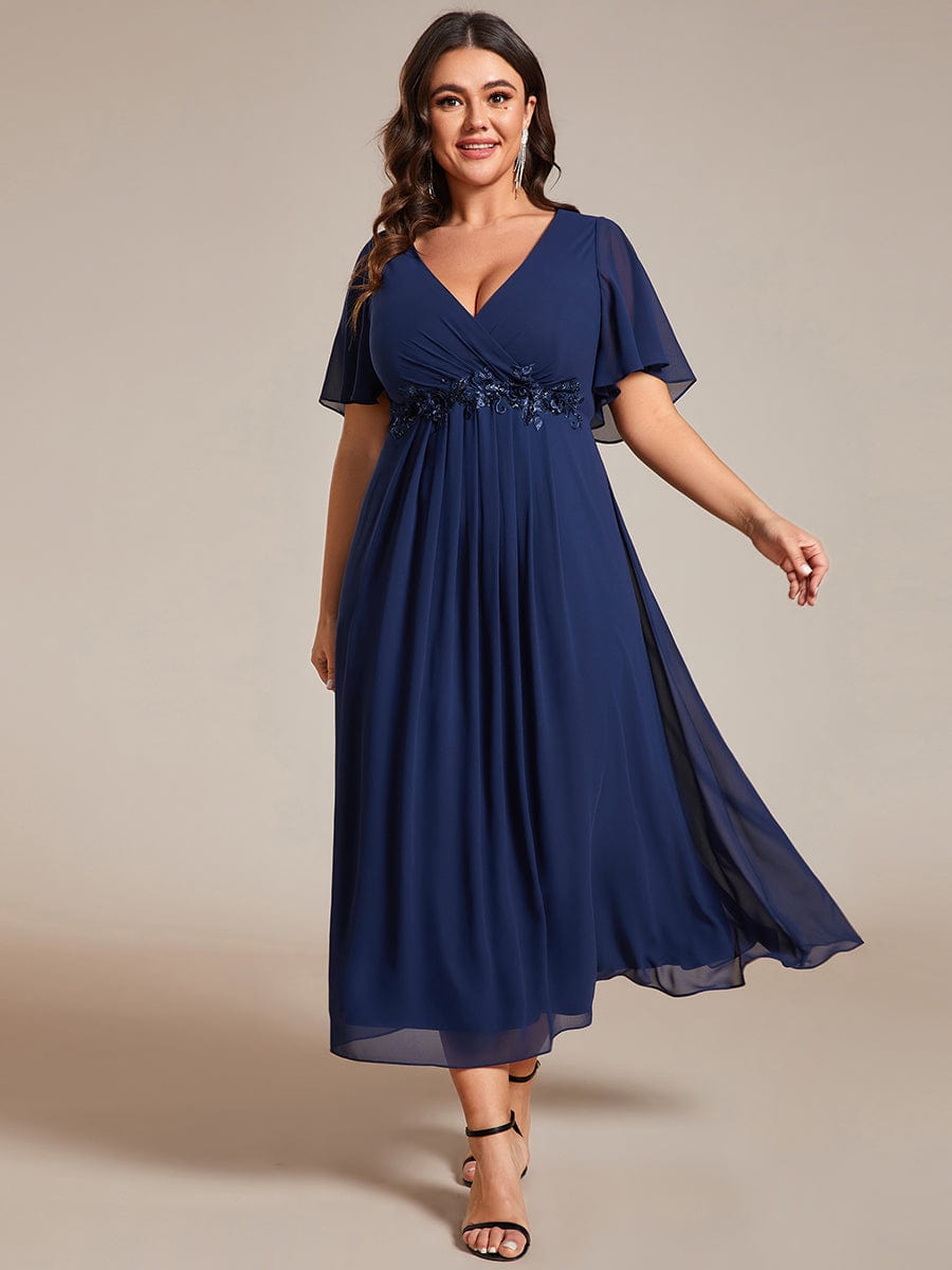 Plus Size V-Neck Waist Applique Midi Dress #color_Navy Blue