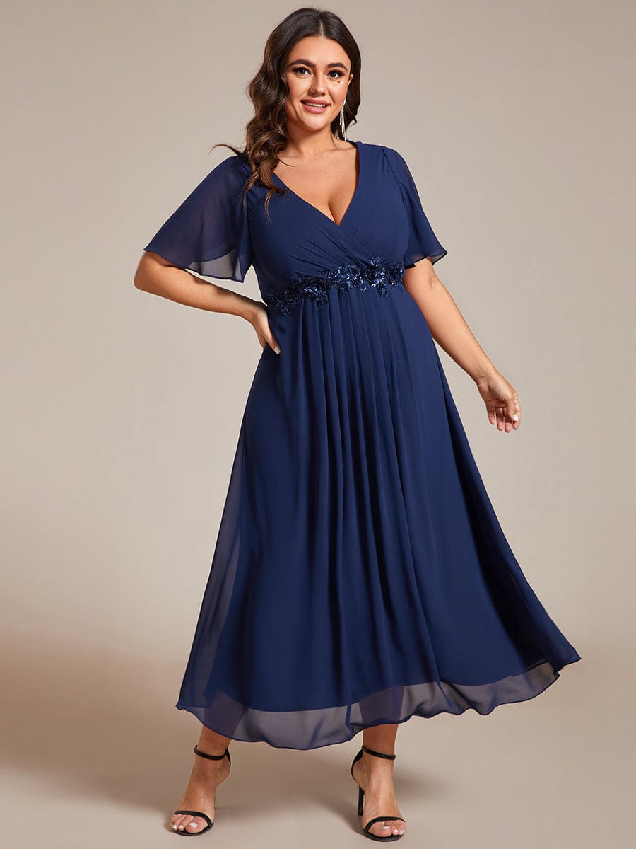 Plus Size V-Neck Waist Applique Midi Dress #color_Navy Blue