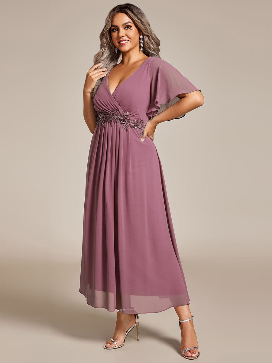 Plus Size V-Neck Waist Applique Midi Dress #color_Purple Orchid