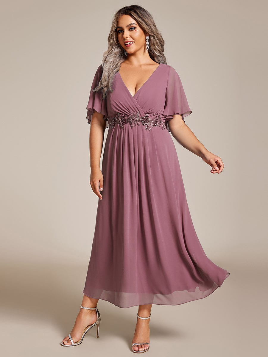 Plus Size V-Neck Waist Applique Midi Dress #color_Purple Orchid