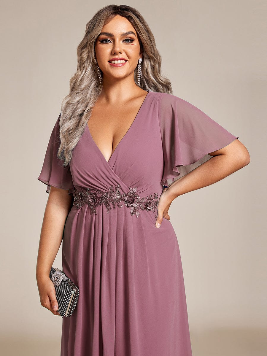 Plus Size V-Neck Waist Applique Midi Dress #color_Purple Orchid