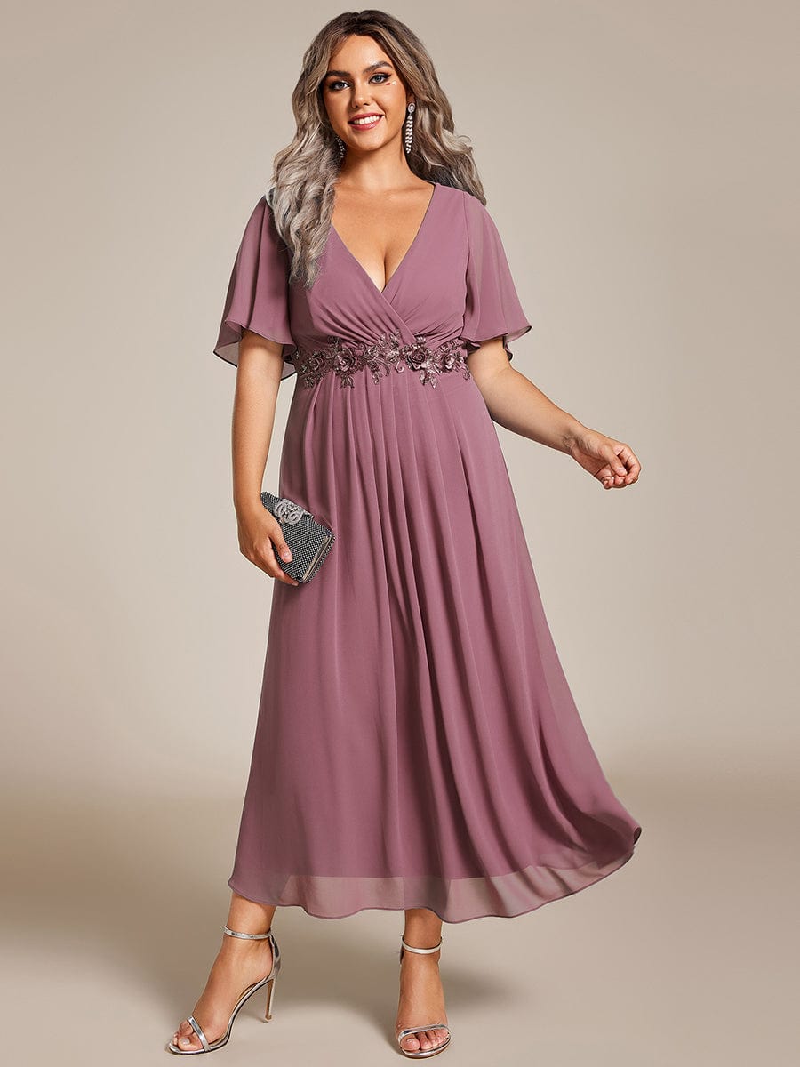 Plus Size V-Neck Waist Applique Midi Dress #color_Purple Orchid