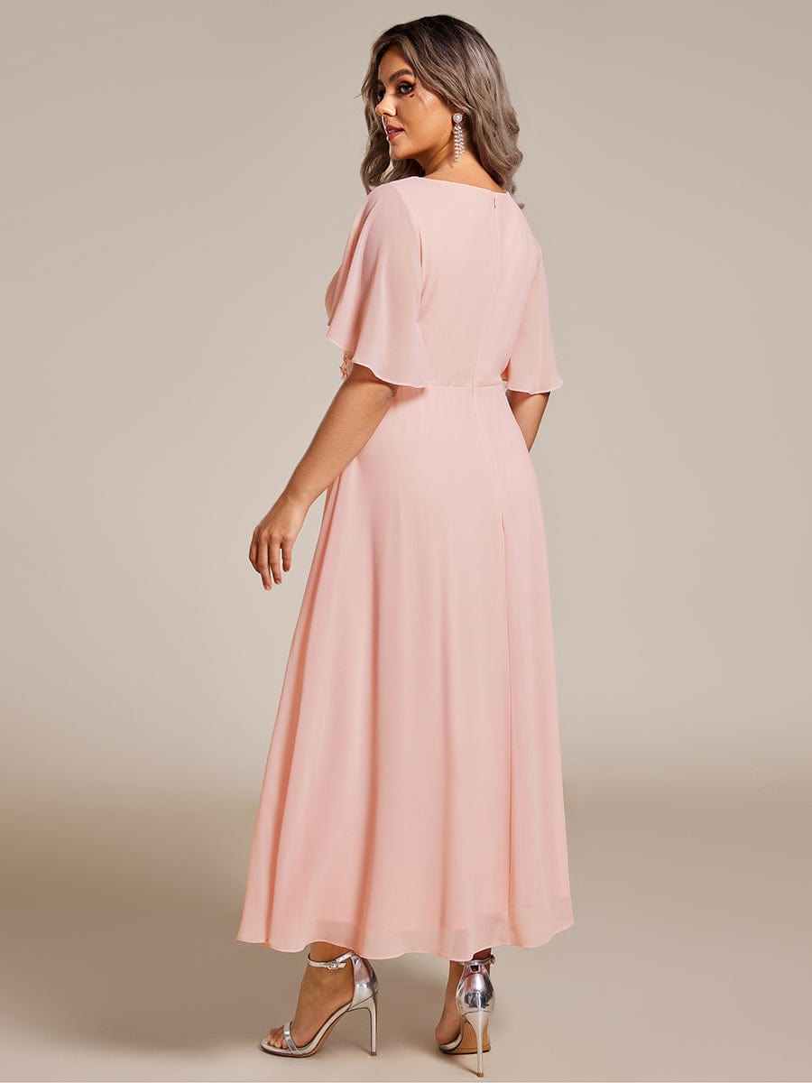 Plus Size V-Neck Waist Applique Midi Dress #color_Pink