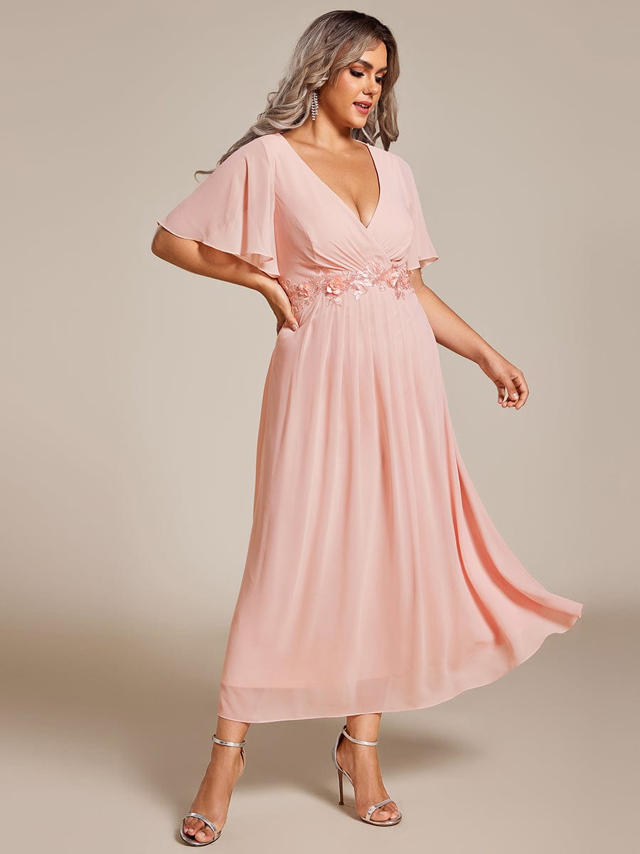 Plus Size V-Neck Waist Applique Midi Dress #color_Pink