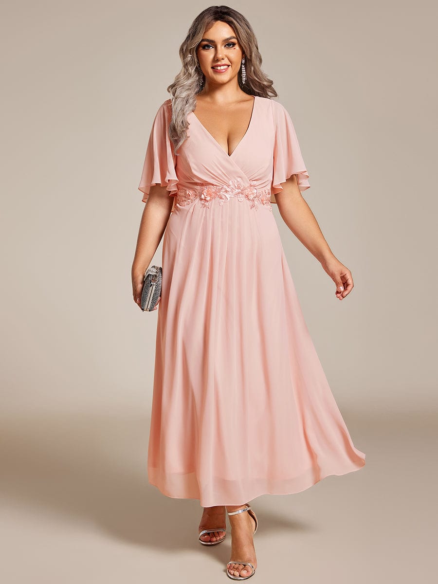 Plus Size V-Neck Waist Applique Midi Dress #color_Pink