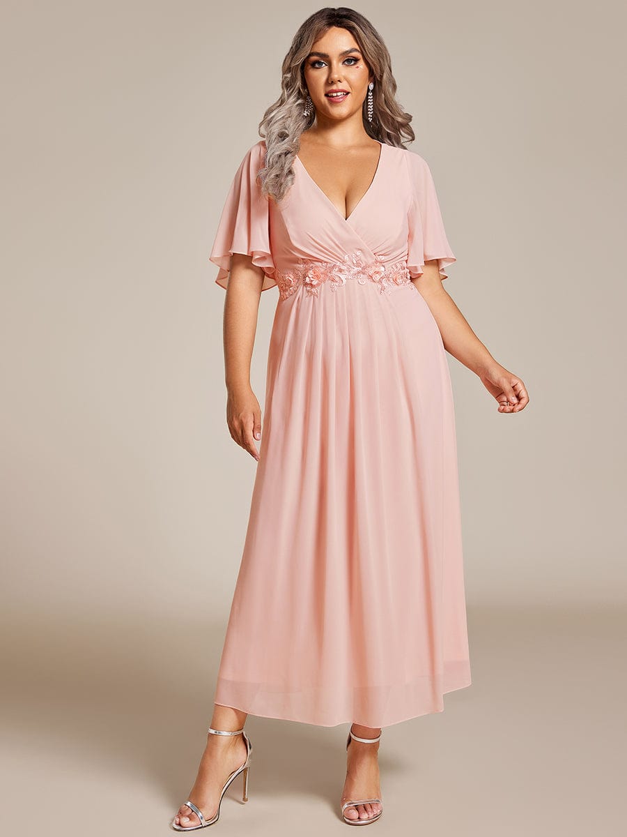 Plus Size V-Neck Waist Applique Midi Dress #color_Pink