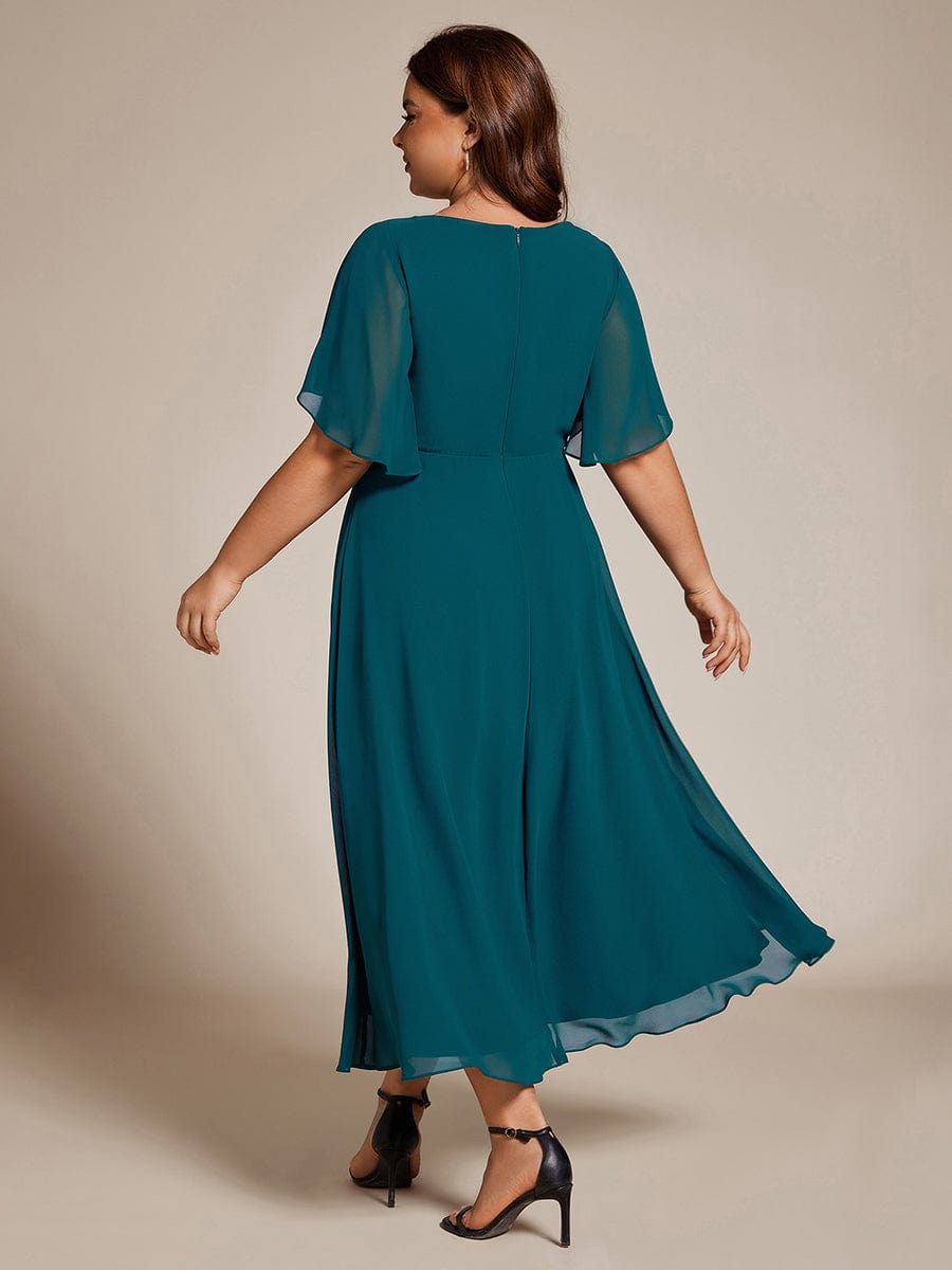 Plus Size V-Neck Waist Applique Midi Dress #color_Teal