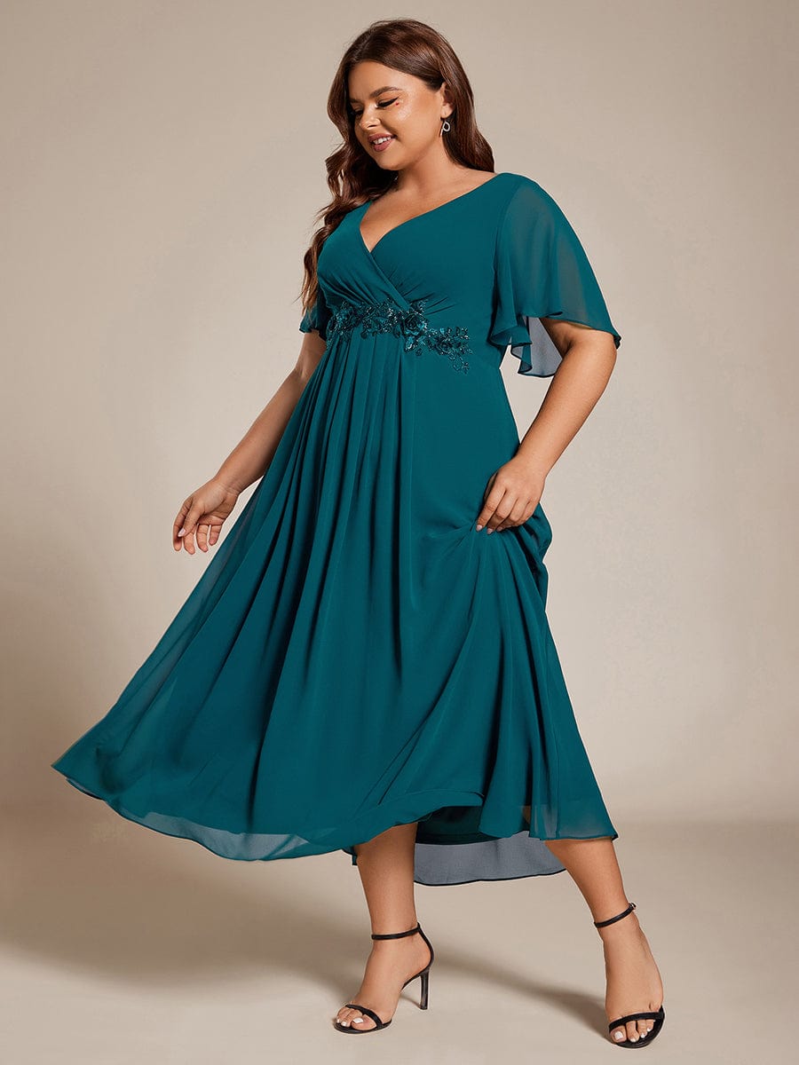 Plus Size V-Neck Waist Applique Midi Dress #color_Teal