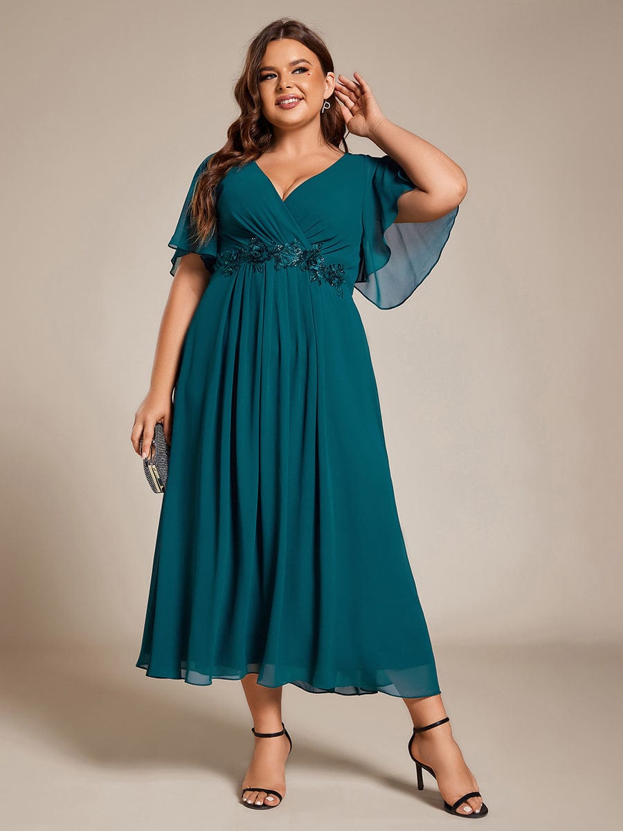 Plus Size V-Neck Waist Applique Midi Dress #color_Teal