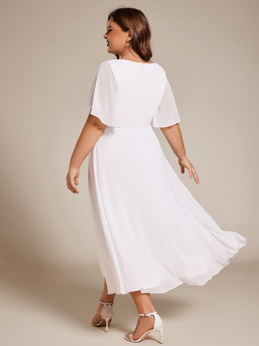 Plus Size V-Neck Waist Applique Midi Dress #color_White