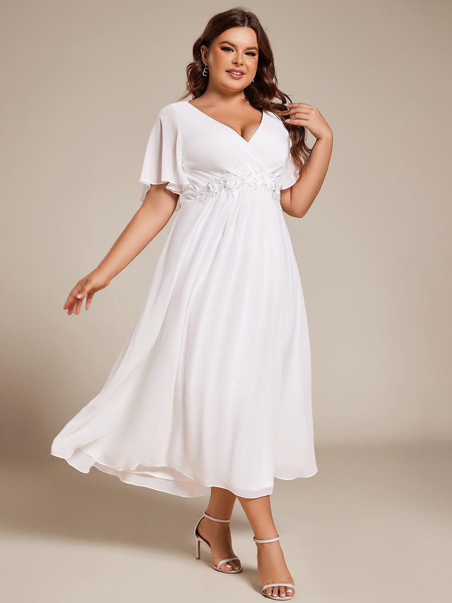 Plus Size V-Neck Waist Applique Midi Dress #color_White