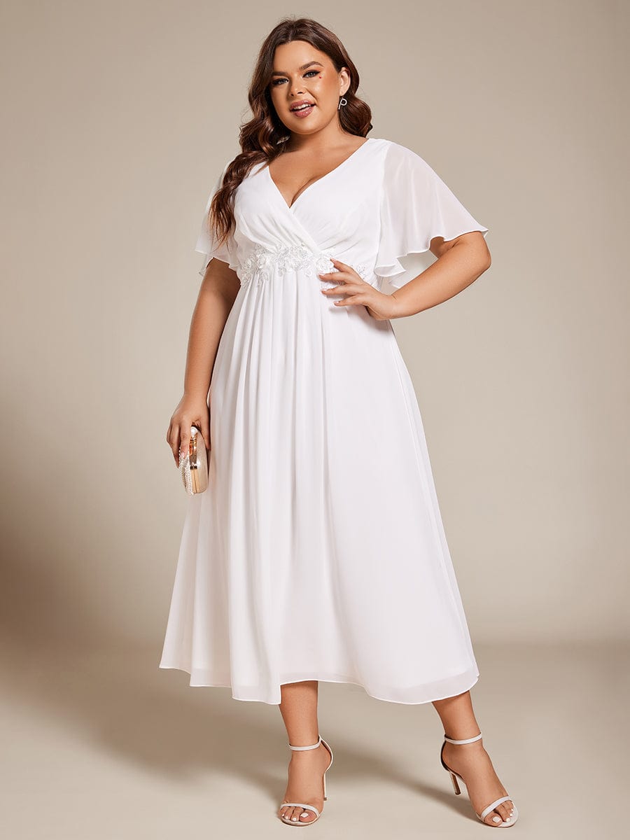 Plus Size V-Neck Waist Applique Midi Dress #color_White