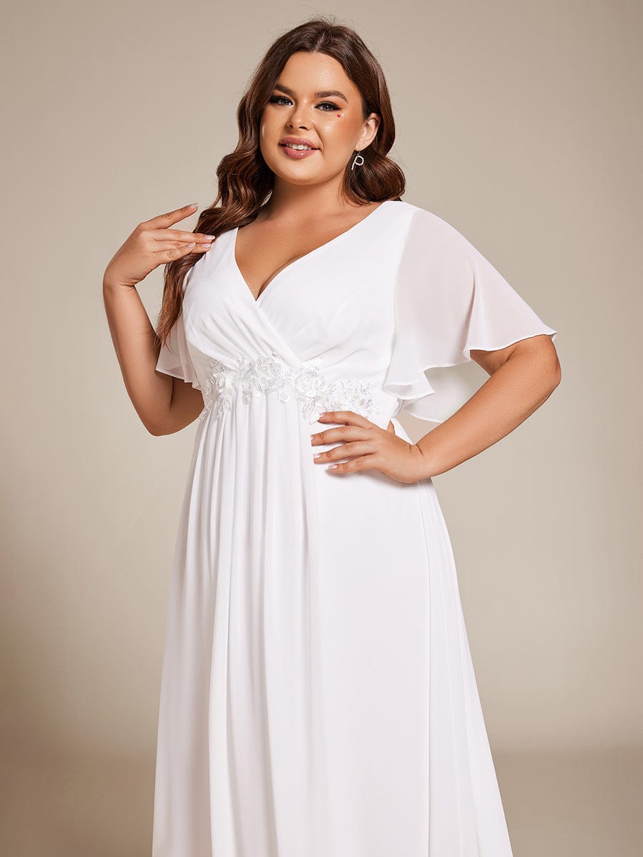 Plus Size V-Neck Waist Applique Midi Dress #color_White