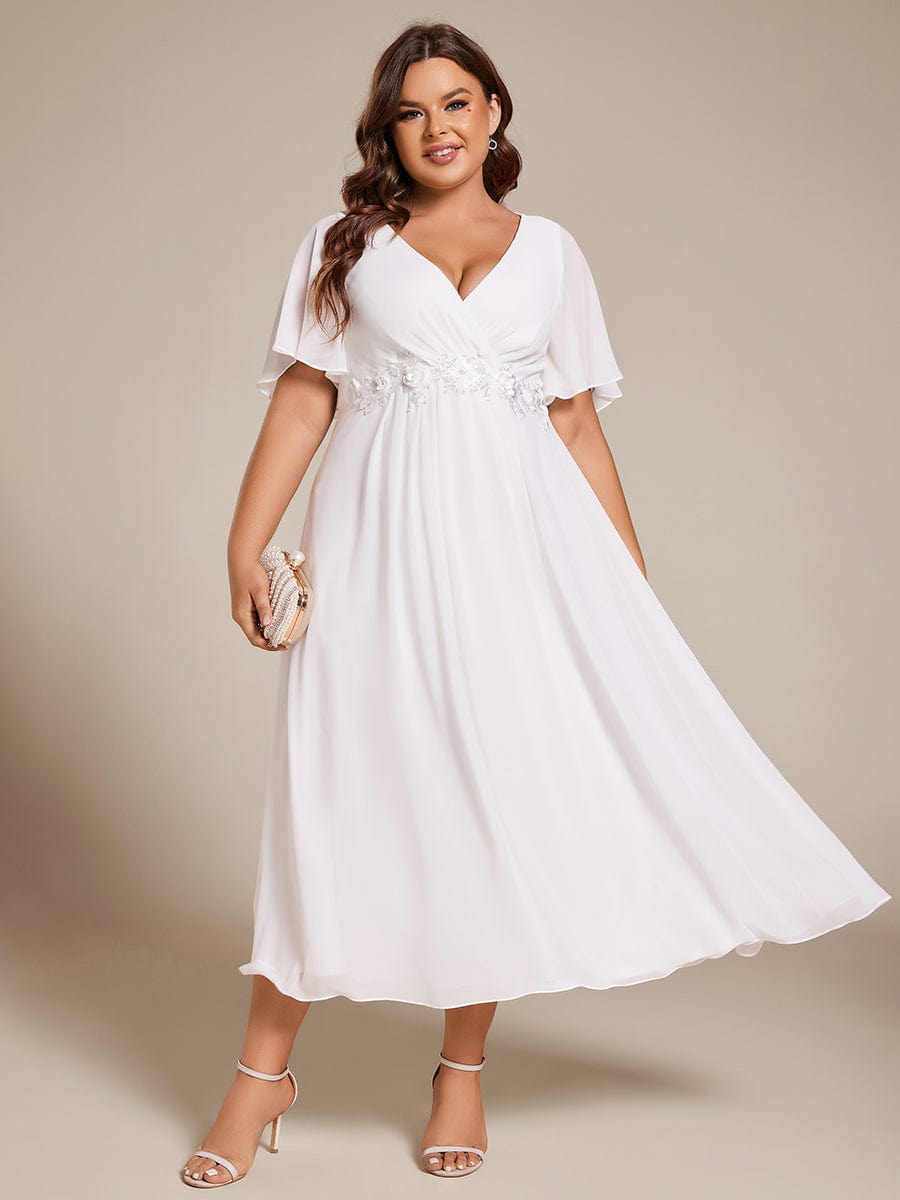 Plus Size V-Neck Waist Applique Midi Dress #color_White