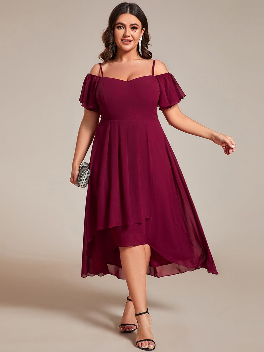 Plus Size Off-the-shoulder Chiffon Midi Dress #color_Burgundy