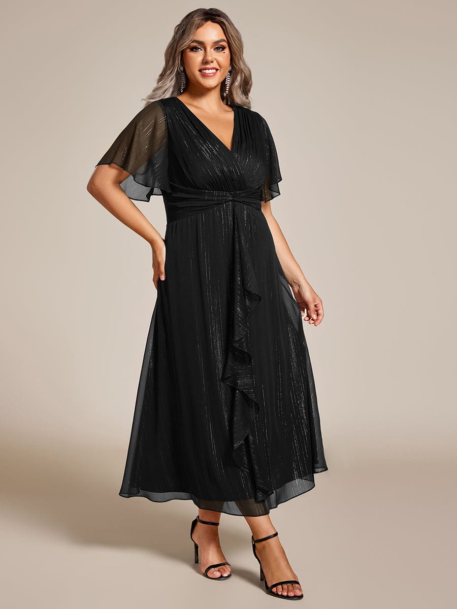 Plus Size Short Sleeve Twist Knot Metallic Midi Dress #color_Black