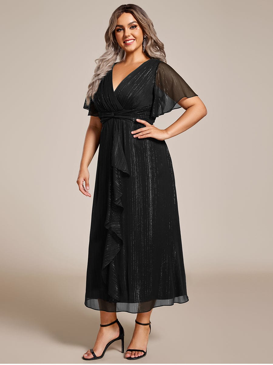 Plus Size Short Sleeve Twist Knot Metallic Midi Dress #color_Black