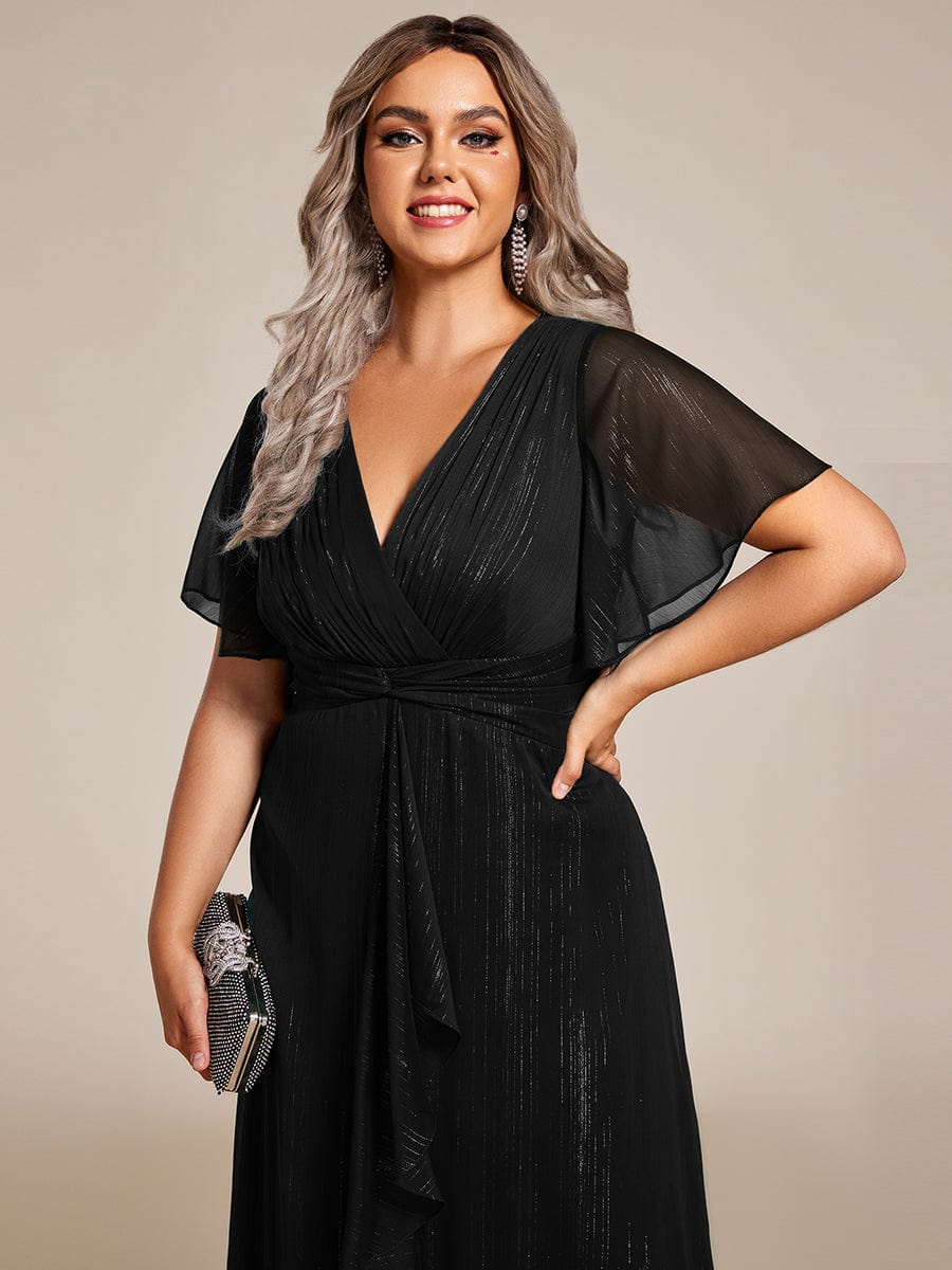 Plus Size Short Sleeve Twist Knot Metallic Midi Dress #color_Black