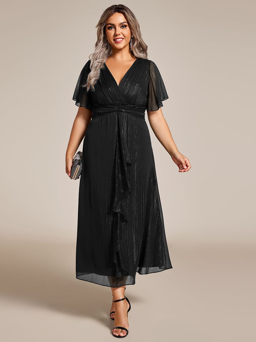 Plus Size Short Sleeve Twist Knot Metallic Midi Dress #color_Black