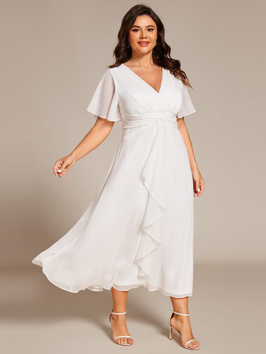 Plus Size Short Sleeve Twist Knot Metallic Midi Dress #color_Cream