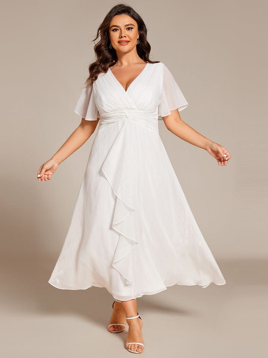 Plus Size Short Sleeve Twist Knot Metallic Midi Dress #color_Cream