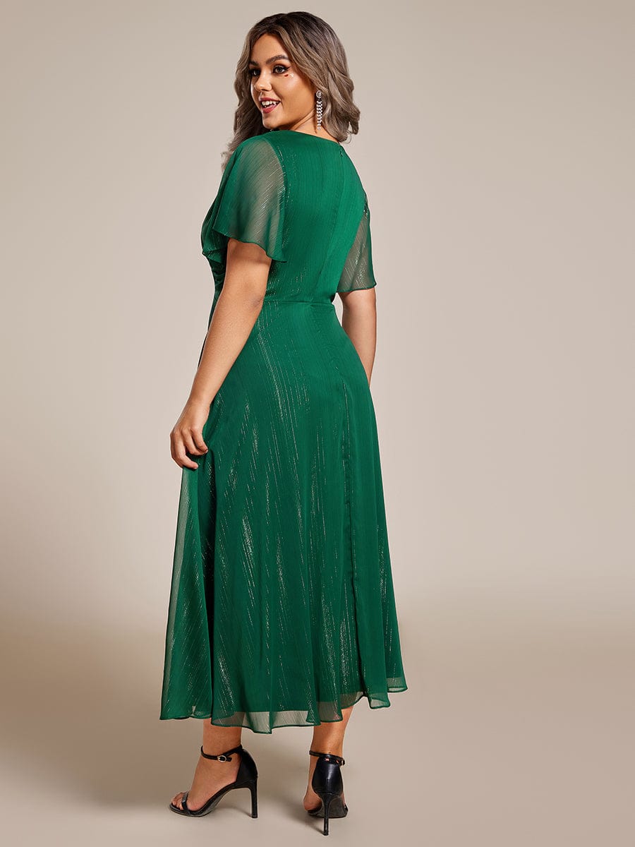 Plus Size Short Sleeve Twist Knot Metallic Midi Dress #color_Dark Green