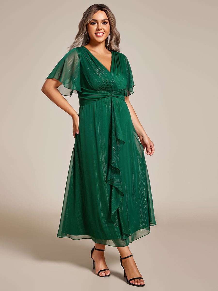 Plus Size Short Sleeve Twist Knot Metallic Midi Dress #color_Dark Green