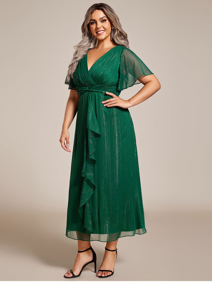 Plus Size Short Sleeve Twist Knot Metallic Midi Dress #color_Dark Green