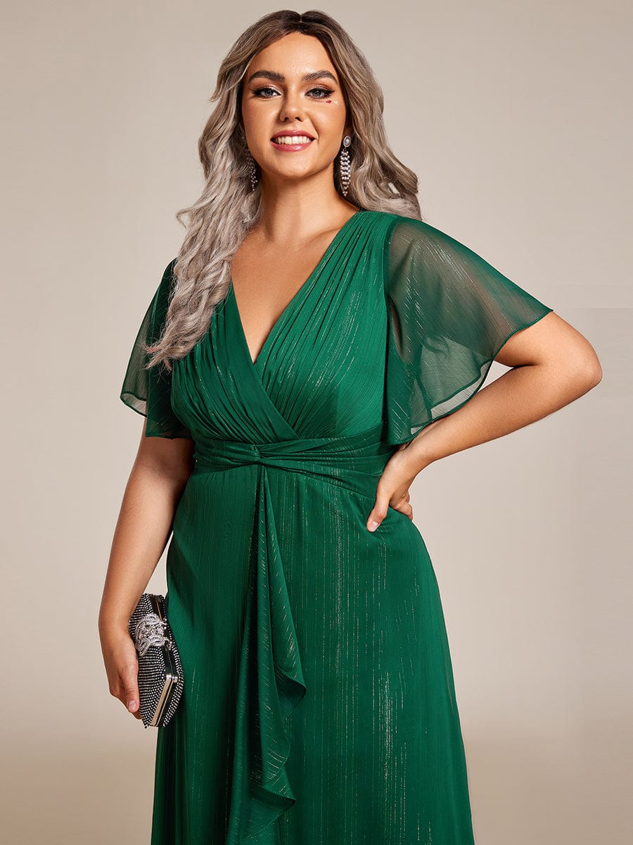 Plus Size Short Sleeve Twist Knot Metallic Midi Dress #color_Dark Green