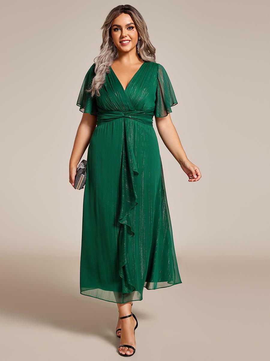 Plus Size Short Sleeve Twist Knot Metallic Midi Dress #color_Dark Green