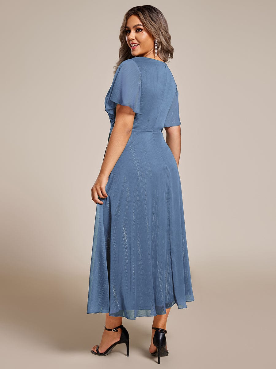 Plus Size Short Sleeve Twist Knot Metallic Midi Dress #color_Dusty Blue