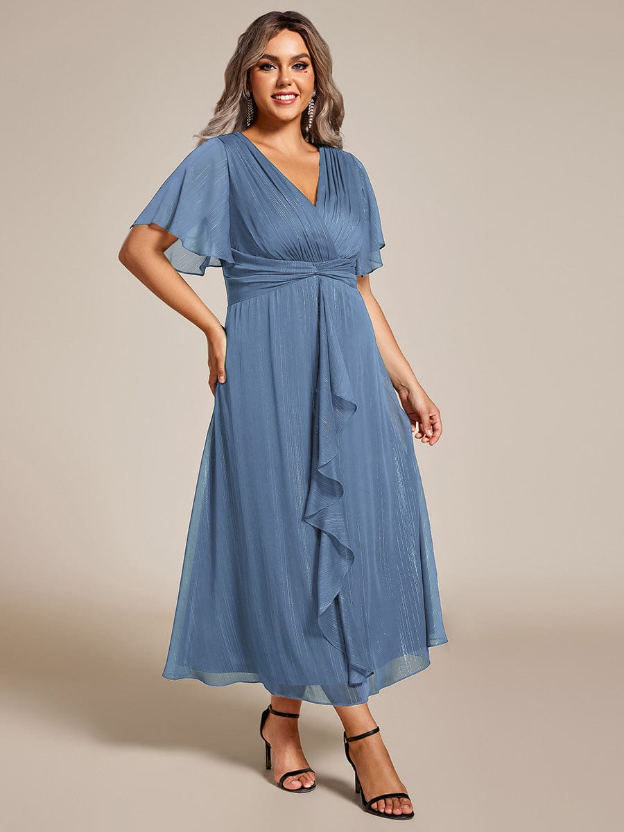 Plus Size Short Sleeve Twist Knot Metallic Midi Dress #color_Dusty Blue