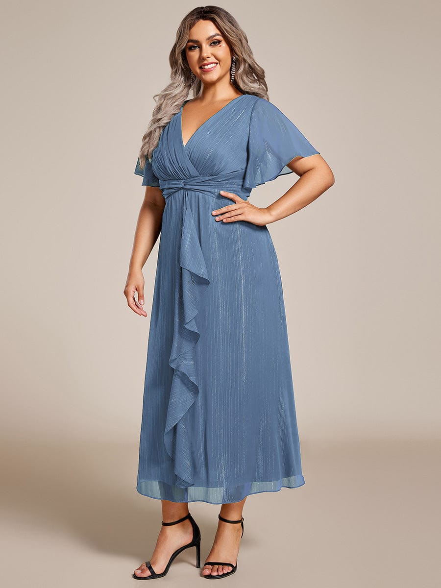 Plus Size Short Sleeve Twist Knot Metallic Midi Dress #color_Dusty Blue