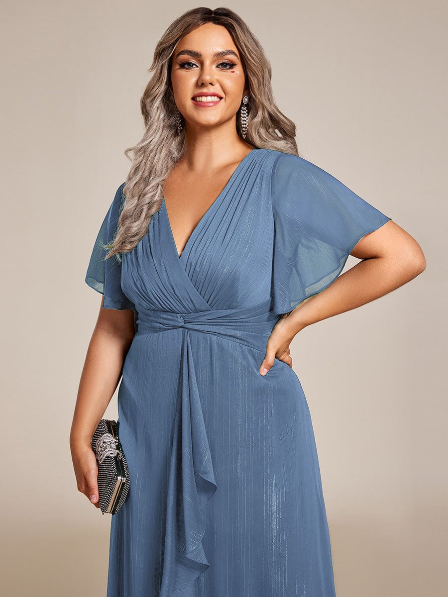 Plus Size Short Sleeve Twist Knot Metallic Midi Dress #color_Dusty Blue