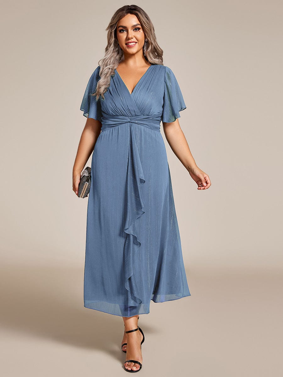 Plus Size Short Sleeve Twist Knot Metallic Midi Dress #color_Dusty Blue